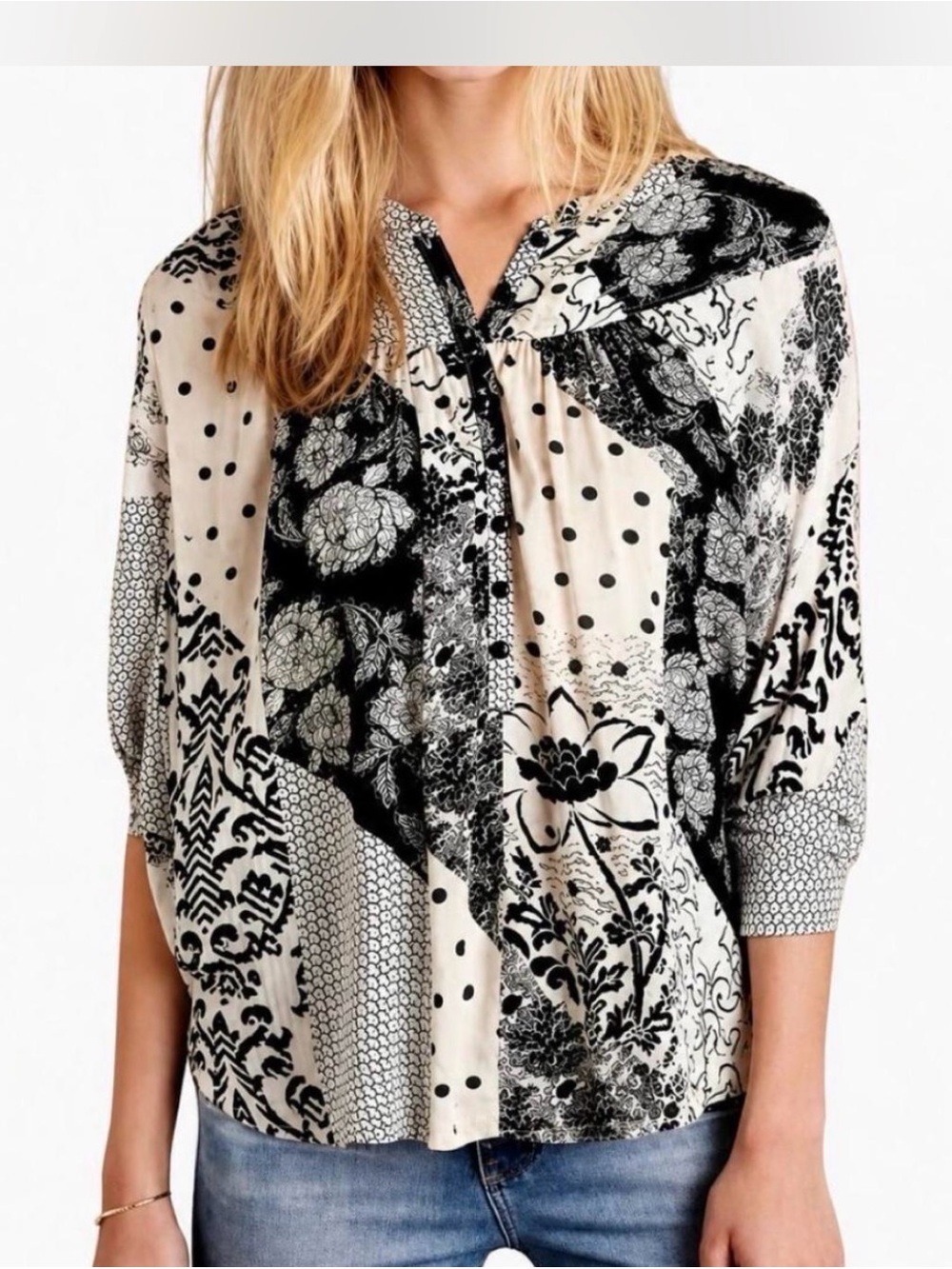 Anthropologie Maeve Linden Patchwork Blouse
Geometric Floral Boho Peasant M